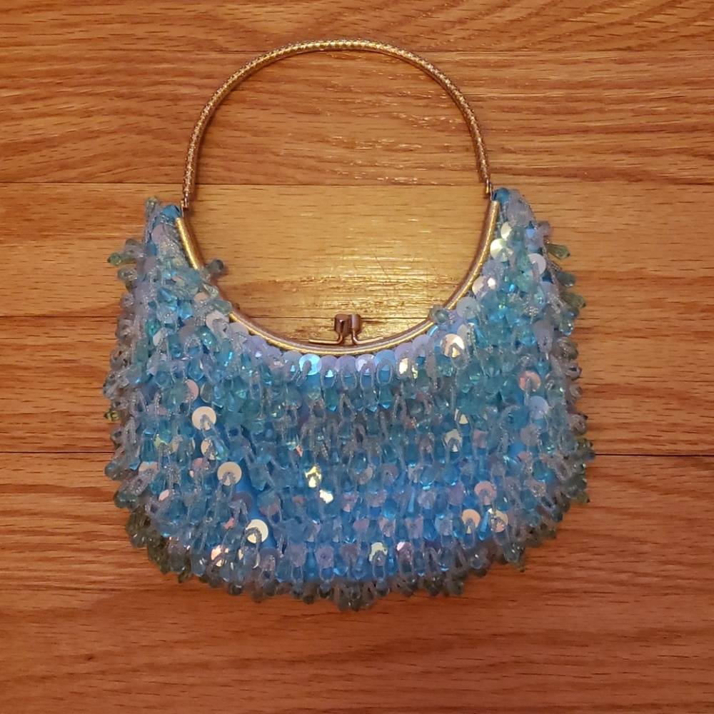 Vintage Blue Beaded Evening Bag with Gold Handle